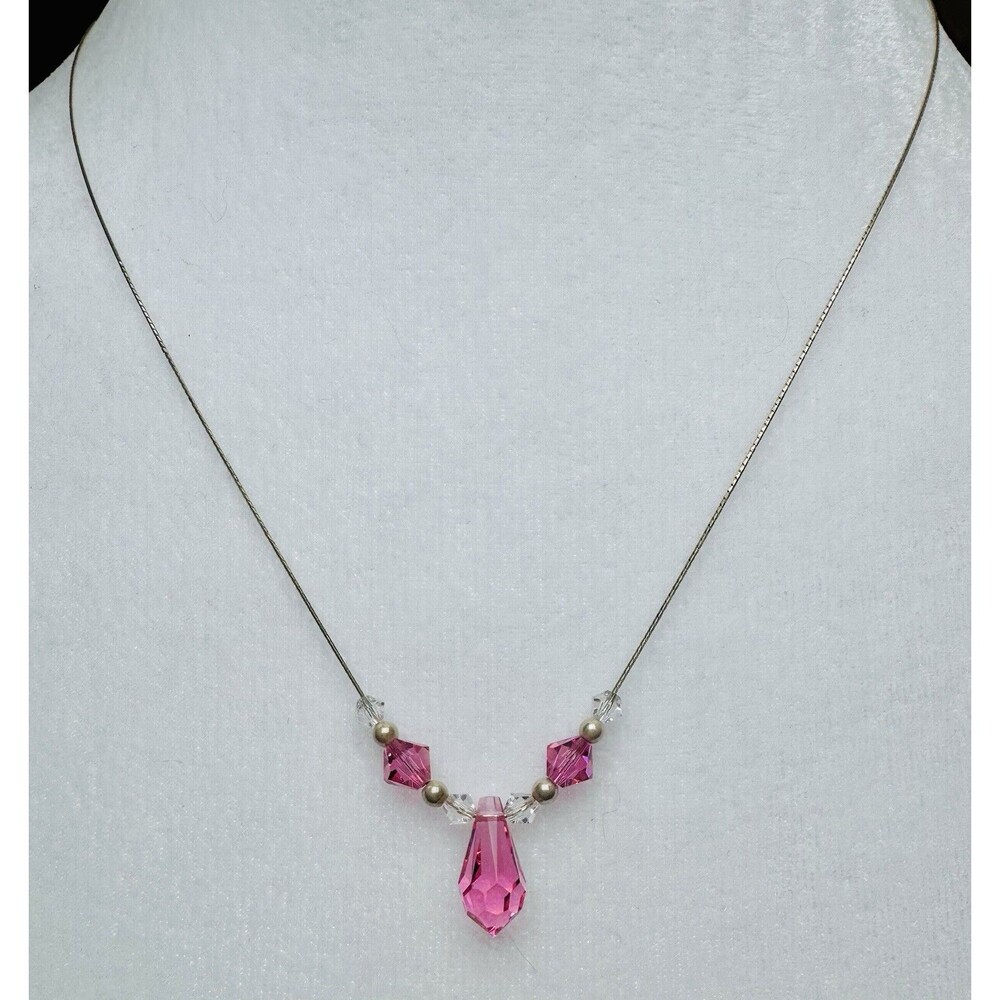 Sterling Silver  925 Necklace Pink Crystal Glass Teardrop Pendant 18 Inch